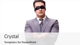  Presentation with blindfolded - Presentation theme enhanced with disoriented - blindfolded businessman isolated on white background and a white colored foreground