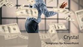  Presentation with blindfolded - Beautiful slide deck featuring blindfolded businessman with arms out against room with large window showing city backdrop and a mint green colored foreground