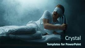  Presentation with blindfolded - Beautiful PPT theme featuring blindfolded-crazy-man-sitting backdrop and a navy blue colored foreground