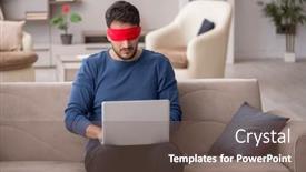  Presentation with blindfolded - Presentation design consisting of blindfolded-young-male-freelancer-working background and a violet colored foreground