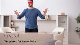  Presentation with blindfolded - Presentation design featuring blindfolded-young-man-at-home background and a coral colored foreground