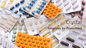  Presentation with packs - Slide set consisting of blister-packs-with-colourful-medicines background and a coral colored foreground