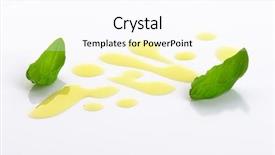  Presentation with phyto essential basil aroma oil - Amazing presentation having blobs of olive oil and basil leaves on white background backdrop and a pink colored foreground