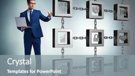  Presentation with blockchain - Colorful slide set enhanced with block chain - businessman in blockchain cryptocurrency concept backdrop and a gray colored foreground