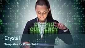  Presentation with blockchain - Colorful presentation design enhanced with block chain - businesswoman in blockchain cryptocurrency concept backdrop and a ocean colored foreground