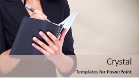  Presentation with budget book - Beautiful PPT layouts featuring block notes - woman writing in a diary backdrop and a lemonade colored foreground