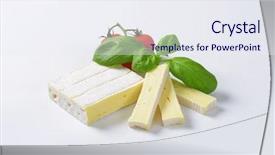  Presentation with cow milk - Slides consisting of block of surface ripened cow's milk cheese with tomatoes and basil background and a sky blue colored foreground