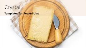  Presentation with white cheese - Colorful presentation design enhanced with block of tasty cheese on cutting boars and cheese knife isolated on white background backdrop and a lemonade colored foreground