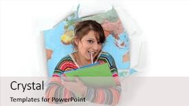  Presentation with geography - Slides with blockade - woman bursting out of geography background and a  colored foreground