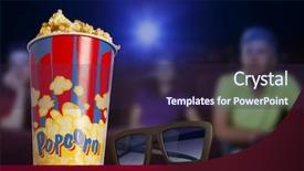  Presentation with theater curtains red draped stage - Audience pleasing PPT theme consisting of blockbuster - 3d glasses and popcorn backdrop and a wine colored foreground