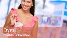  Presentation with popcorn - PPT theme with blockbuster - young woman holding popcorn packet background and a coral colored foreground