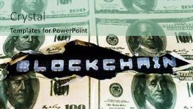  Presentation with blockchain - Colorful slide deck enhanced with blockchain english alphabet in broken dollar banknote backdrop and a mint green colored foreground