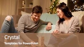  Presentation with entertainment - Colorful theme enhanced with entertainment and people concept - happy couple playing block-stacking game at home backdrop and a coral colored foreground