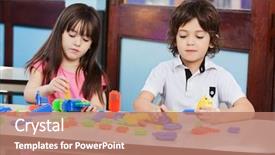  Presentation with colour blocking building blocks - PPT layouts with blocks at desk in classroom background and a coral colored foreground