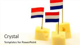  Presentation with white cheese - Colorful slide deck enhanced with blocks of dutch cheese with dutch flag toothpicks on a white background backdrop and a blonde colored foreground