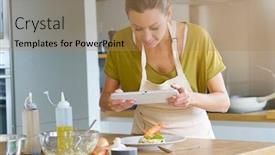  Presentation with blogger - Slide set having blogger taking picture of dish to upload on website background and a coral colored foreground