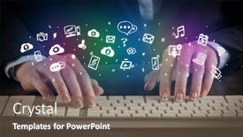  Presentation with blogger - Slide set consisting of blogger woman typing on keyboard with drawn application icons background and a violet colored foreground