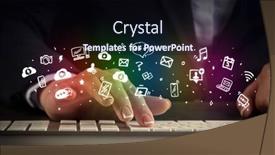  Presentation with blogger - Colorful presentation theme enhanced with blogger woman typing on keyboard with drawn application icons backdrop and a wine colored foreground