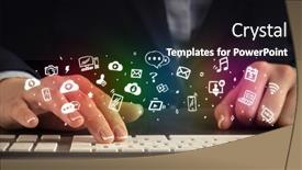  Presentation with blogger - Presentation design enhanced with blogger woman typing on keyboard with drawn application icons background and a dark gray colored foreground