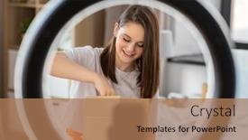  Presentation with smartphone - PPT theme having blogging-technology-and-people-concept background and a coral colored foreground