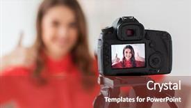  Presentation with mass media - Cool new slide deck with blogging technology videoblog mass media backdrop and a tawny brown colored foreground