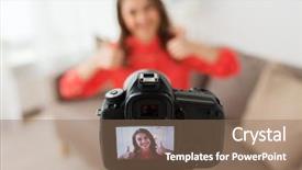  Presentation with mass media - Beautiful presentation design featuring blogging technology videoblog mass media backdrop and a coral colored foreground