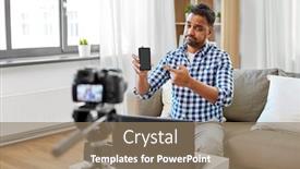  Presentation with people - Beautiful PPT theme featuring blogging-videoblog-and-people-concept backdrop and a coral colored foreground