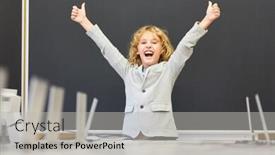  Presentation with elementary - Cool new PPT theme with blond boy as a student cheers at the elementary school blackboard in a test backdrop and a light gray colored foreground