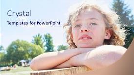  Presentation with summer camp - Slides enhanced with blond boy is sitting dreaming in nature at summer camp or on summer vacation background and a sky blue colored foreground