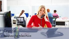  Presentation with woman office desk - Colorful PPT theme enhanced with business woman in call center backdrop and a ocean colored foreground