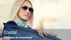  Presentation with car business - Amazing PPT theme having blond business woman with financial papers at the car backdrop and a ocean colored foreground