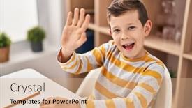  Presentation with saying - Theme consisting of blond-child-saying-hello-sitting background and a coral colored foreground