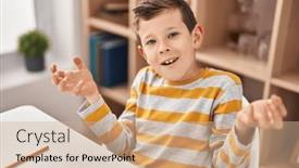  Presentation with saying - PPT theme consisting of blond-child-saying-hello-sitting background and a coral colored foreground