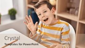  Presentation with saying - PPT layouts featuring blond-child-saying-hello-sitting background and a coral colored foreground