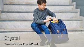  Presentation with book stairs - Presentation theme featuring blond-child-student-holding-book background and a light gray colored foreground