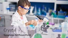  Presentation with scientist - Presentation theme consisting of blond-child-wearing-scientist-uniform background and a light gray colored foreground