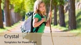  Presentation with explorer - Presentation theme with blond explorer kid girl walking with backpack hiking in autumn trees track holding stick background and a coral colored foreground