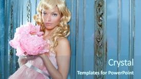  Presentation with princess - Slide deck with blond fashion princess and vintage spring flowers dress on blue wardrobe background and a ocean colored foreground