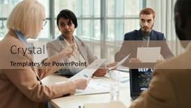 Presentation with group discussion - Presentation theme consisting of blond-female-boss-with-financial background and a  colored foreground