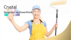  Presentation with paint roller - Beautiful PPT theme featuring blond female decorator holding a paint roller and a color palette guide isolated on white background backdrop and a white colored foreground