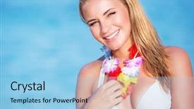  Presentation with hawaiian party - Amazing PPT layouts having blond female wearing beautiful hawaiian backdrop and a light blue colored foreground