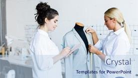  Presentation with measuring - PPT theme having blond-girl-measuring-jacket-sizes background and a light blue colored foreground