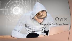  Presentation with hacker - Slide set having blond-hair hacker using a laptop on wood table in front of grey background background and a coral colored foreground