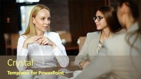  Presentation with sharing - Cool new theme with blond-haired white collar worker sharing ideas with her colleagues while having informal meeting in cozy coffeehouse backdrop and a violet colored foreground