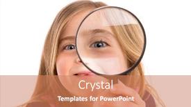  Presentation with eye glass - Presentation theme featuring blond-indented-girl-with-eye background and a coral colored foreground