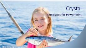  Presentation with tuna can - PPT theme having blond kid girl fishing tuna background and a sky blue colored foreground