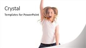  Presentation with jeans denim - Slide deck having blond kid girl indented jumping high wind on hair denim jeans at white background background and a white colored foreground