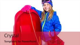  Presentation with white snow - Amazing presentation design having blond kid girl with red sled and snow equipment helmet and goggles on white background backdrop and a crimson colored foreground