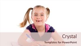  Presentation with spiral notebook - Slide set with blond kid indented girl student with spiral notebook in pupil desk background and a lemonade colored foreground