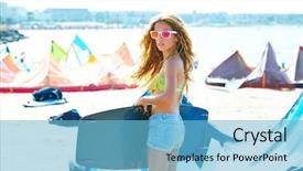  Presentation with kite - Beautiful PPT theme featuring blond kite surf teen girl in summer beach at mediterranean backdrop and a light blue colored foreground